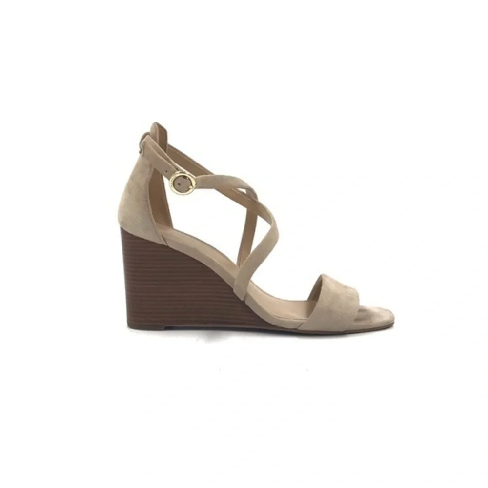 Michael Kors Cream Suede Leather Strappy Wood Wedge Heels Size 8